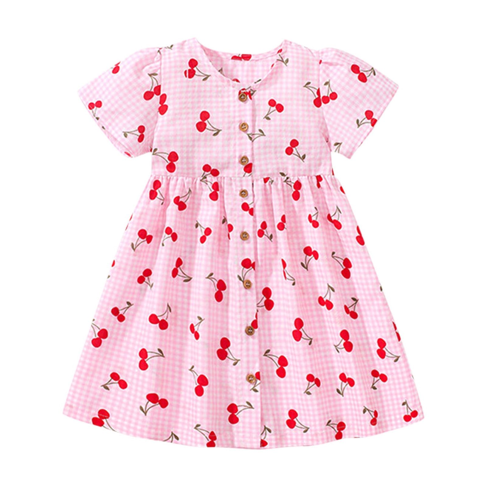 Jgppe Toddler Girl Cotton Dress Casual Short Sleeve Cute Printed Button down Cute Dress Playwear 2-8 Years